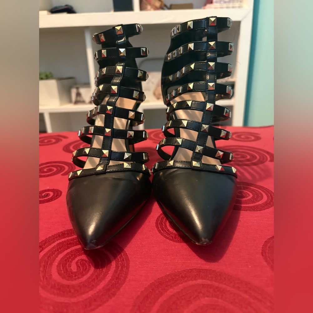 Studded Black Pointed-Toe Strappy Heels